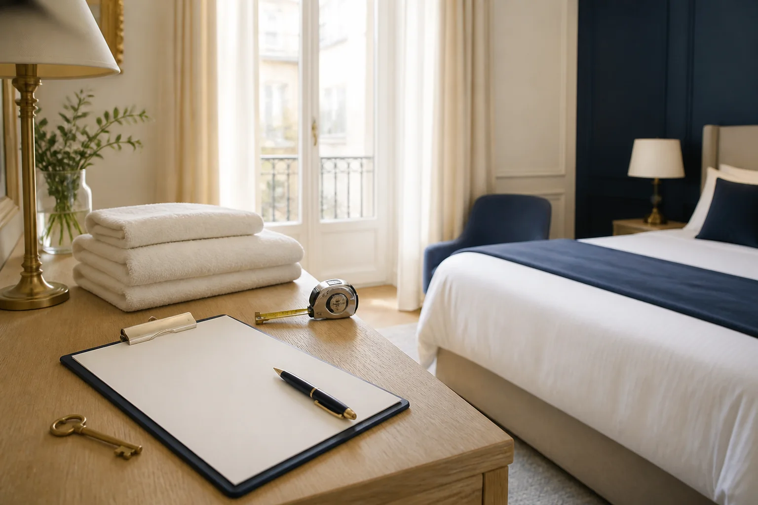 Inspection d’une chambre préparée avec clipboard, mètre et linge plié