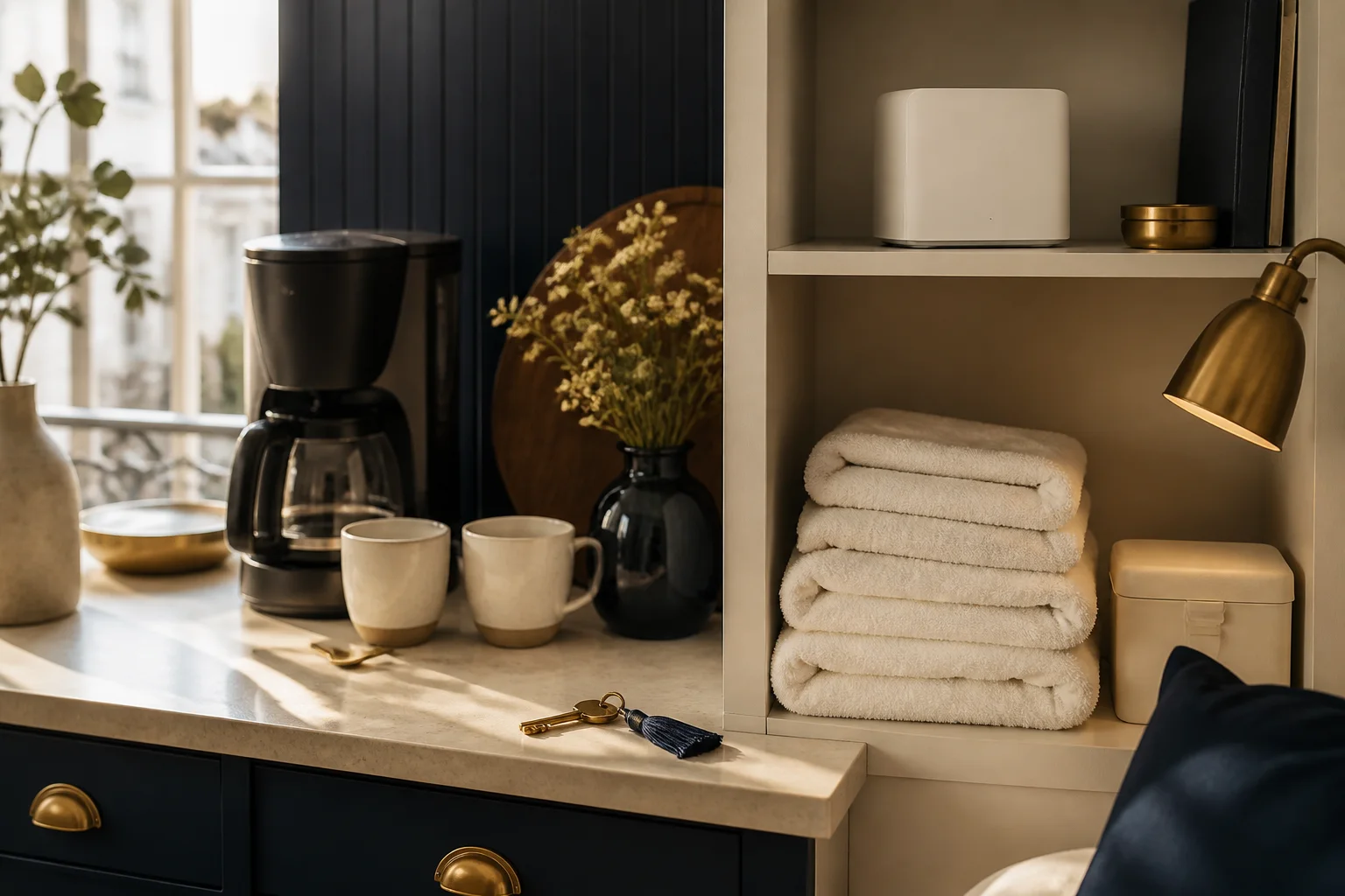 Sélection d’équipements d’accueil avec café, linge, lampe et clés
