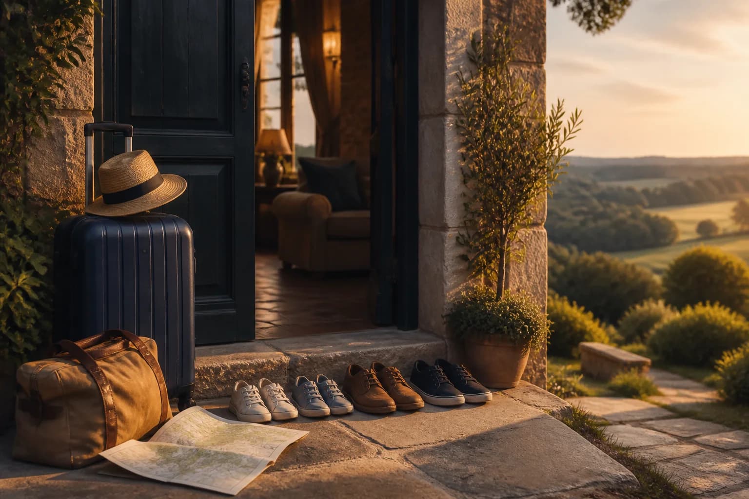 Bagages et chaussures d’une famille devant un gîte ouvert sur le bocage